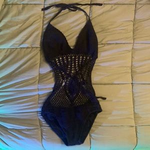 Black Crochet One Piece Swimsuit
